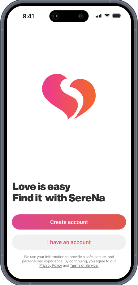 SereNa app onboarding screen showing the logo and Create account button
